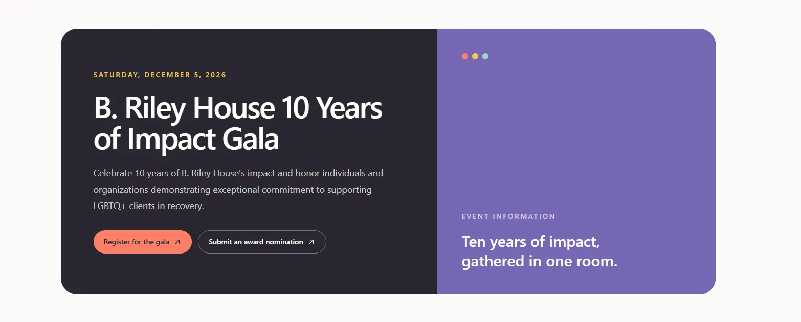 B. Riley House 10 Years of Impact Gala artwork showing the event date, celebration message, and colorful event panel