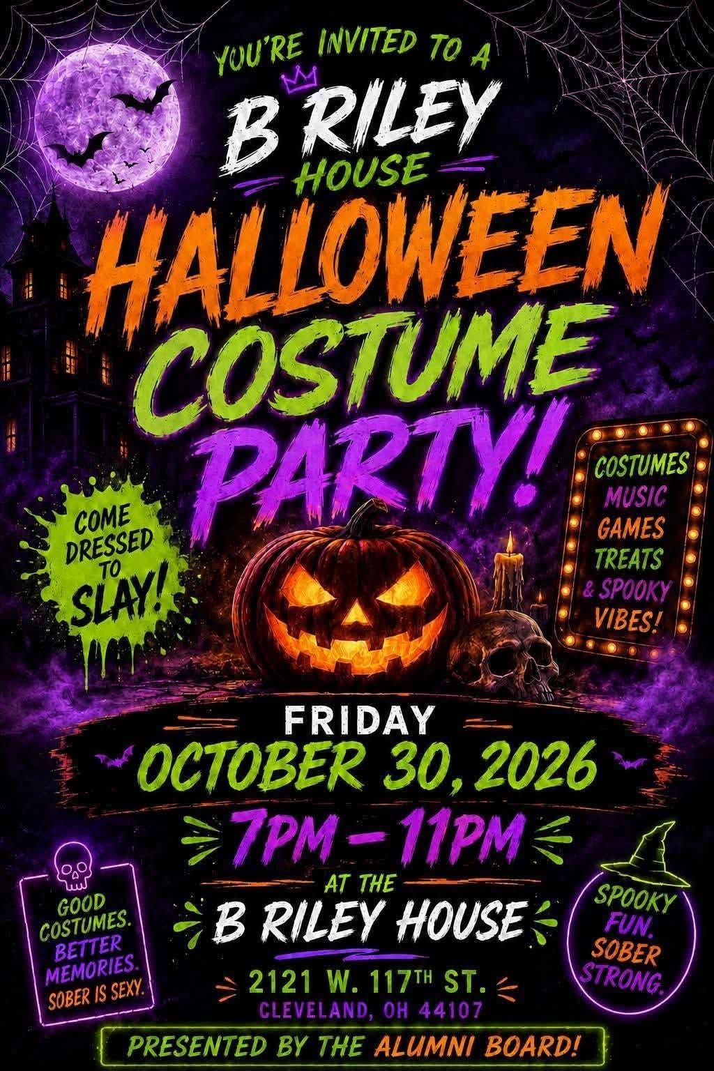 B. Riley House Halloween costume party flyer with colorful Halloween artwork
